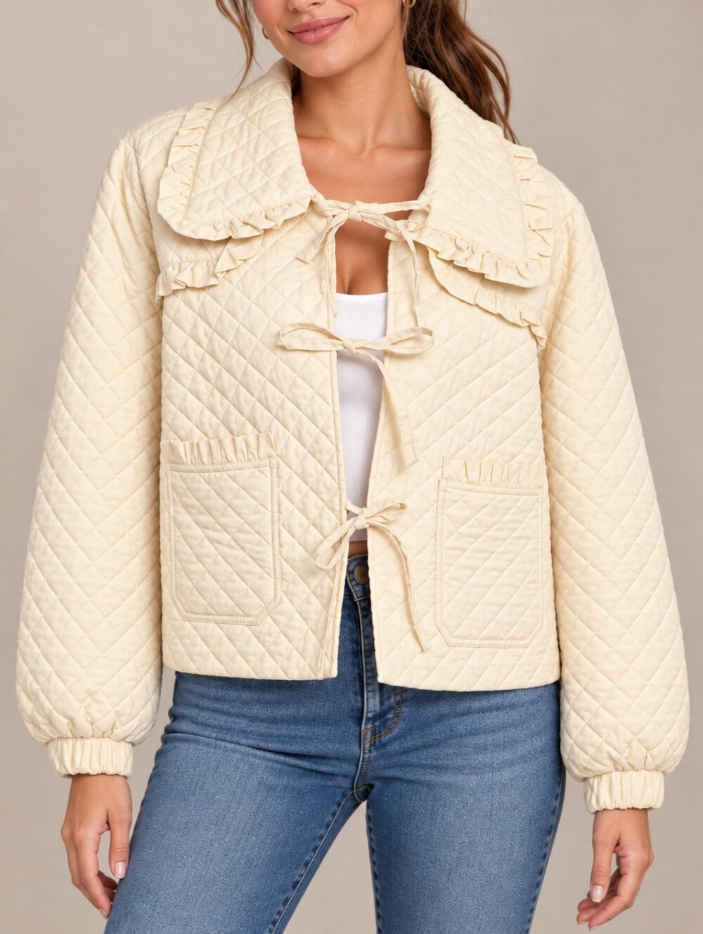 Avec Les Filles Quilted Ruffle Cotton Tie-Front Jacket Cream Size X-Large